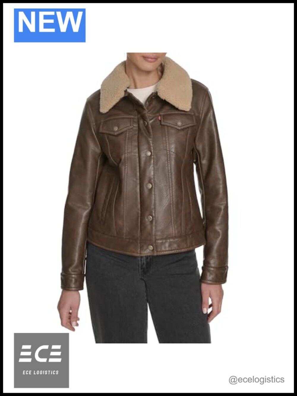 Sherpa Lined Trucker Jacket - Faux Leather, Dual Closure, Full Zip & Snap